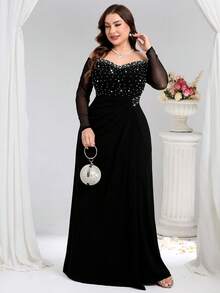 Coutiva 大码女式露肩长袖束腰正式晚礼服 - 黑色 - 查看 5