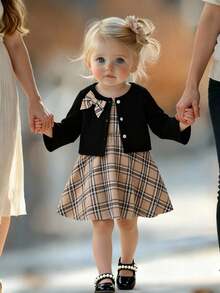 SHEIN Baby Girl & Toddler 2-Piece Plaid Dress And Black Bow Knit Cardigan Set,Elegant Preppy Style Khaki Outfit For Autumn,Family Matching Party Clothing - Multicolor - View 1