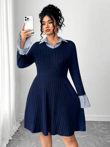 Elenzga Plus Size Elegant Collared Long Sleeve Ribbed Patchwork Knit Dress - Navy Blue - View 4