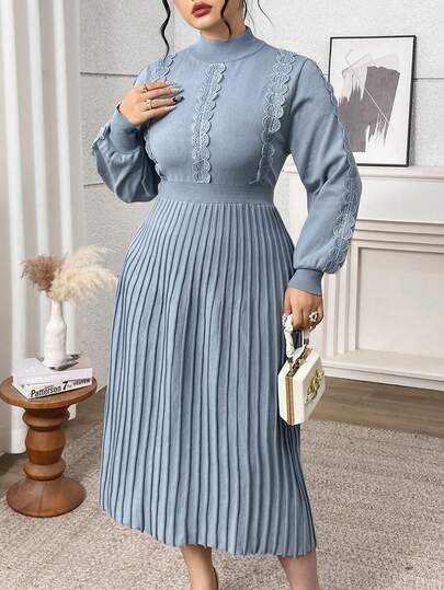 Modelyn Plus Size Women Stand Collar Contrast Lace Long Sleeve Pleated Hem Elegant Knit Dress, Autumn/Winter