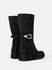 Styleloop Women's Geometric Tassel, Rivet Decor Square Toe Tall Boots - Black - View 4