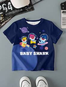 BABY SHARK X SHEIN 小男孩可爱字母和鲨鱼印花圆领短袖T恤，夏季 - 白色 - 查看 1