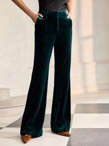 ZEYLAH Women's Elegant Fitted Flared Pants With Pockets, Autumn/Winter - Dark Green - View 2