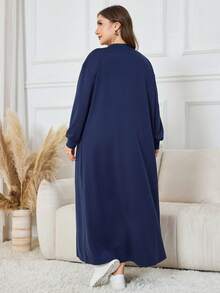 Lacomfia 休闲纯色豹纹蝴蝶结装饰圆领宽松长袖运动衫，加大码，春秋季 - 藏蓝色 - 查看 2