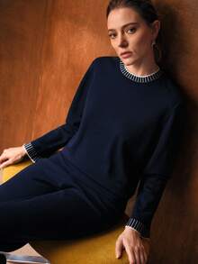 MOTF PREMIUM CHIC 2 PIECES KNIT SET: CONTRAST TRIM CREW NECK SWEATER AND WIDE LEG PANTS WITH CONTRAST HEM, AUTUMN/WINTER - Navy Blue - View 8