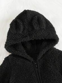 SHEIN Baby Boy 3D Ear Design Hooded Zipper Flannel Sleep Jumpsuit - Black - View 3