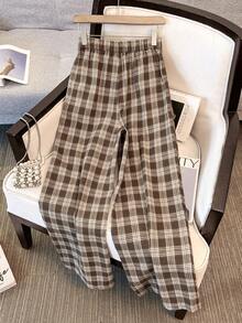 Franclia 女式休闲格子宽松裤，秋冬 - 棕色 - 查看 2