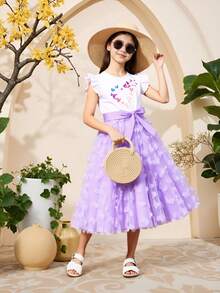 Vestido de verano para niñas preadolescentes con mariposas, flores 3D, elegante, cómodo y activo, ideal para vacaciones, verano y viajes - Púrpura malva - Ver 4