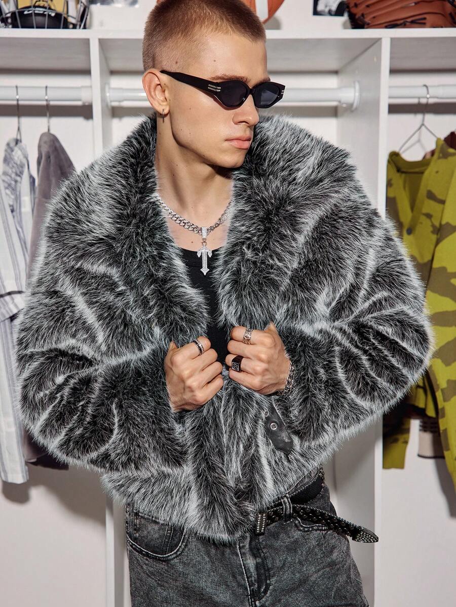 STEELVANCE Men's Dual-Tone Collar Short Faux Fur Coat, Elegant For Commuting, Dating, And Photo Shoots New Vintage, Winter