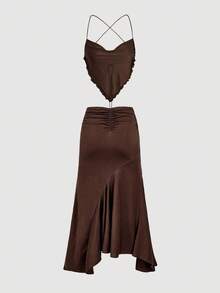 SHEIN MOD Conjunto de top marrón retro sin espalda y falda larga asimétrica con volantes de cintura alta para tallas grandes - Marrón - Ver 2