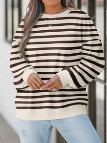 EMERY ROSE 女士休闲加大码杏色和黑色条纹印花长袖卫衣，适合秋冬季穿着 - 彩色 - 查看 3