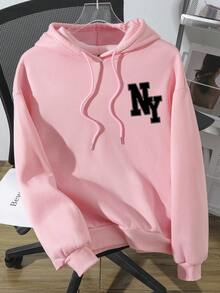 SHEIN EZwear 休闲简约纽约字母图案粉色宽松大码连帽抽绳厚款卫衣，适合秋冬 - 粉色 - 查看 4