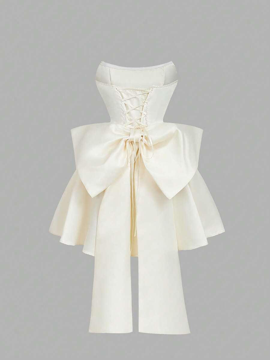 SHEIN MOD 缎面修身抹胸蝴蝶结装饰迷你连衣裙 - 米色 - 查看 1