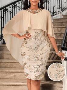 SHEIN Lady Beige,Summer,Elegant,Wedding Sequin Luxury Evening Maxi Dress 2-Piece Set For Women,Plus Size Embroidered Party Solid Color Cape & Christmas Clothes - Khaki - View 1