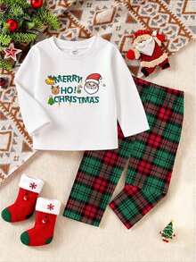 2 件套男婴圣诞字母印花针织圆领长袖运动衫上衣和格子圣诞树全身印花松紧腰裤，婴幼儿服装套装，圣诞快乐，适合节日、派对、日常休闲、聚会、春秋冬，6 个月至 3 岁 - 綠色 - 查看 2