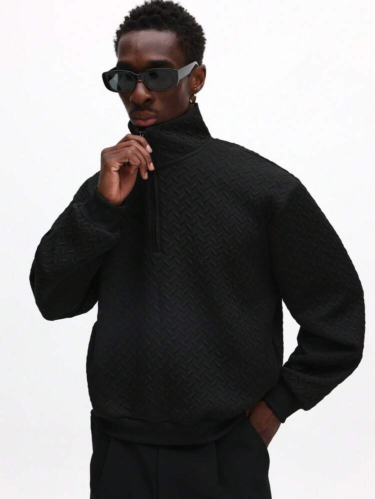 Quarter Zip Funnel Neck Textured Sweatshirt