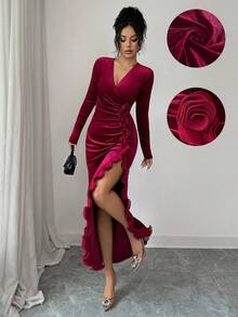 Elenzga 女士优雅时尚通勤休闲舒适迷人复古浪漫假日长袖 V 领腰部褶皱侧开衩花卉蕾丝拼布天鹅绒纯色连衣裙 - 酒紅色 - 查看 1