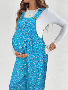 SHEIN Fall Clothes,Autumn Clothes,Materity Autumn Clothes Maternity Maternity Casual Vacation Style Ditsy Floral Slant Pocket Lightweight Bib Overall Pants - Blue - View 4