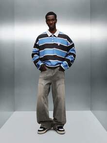 PLAYBOY X SUMWON Crop Fit Long Sleeve Striped Polo Shirt With White Collar And Button Placket Classic Rugby Style Top - BLUE AND BLACK - View 5