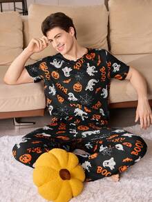 CoupledUp Halloween Pumpkin & Letter Print Crew Neck Short Sleeve Top And Pants 2 Pieces Pajama Set - Multicolor - View 5