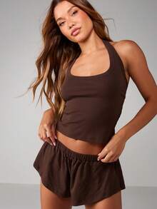 MISSGUIDED 露背上衣迷你荷叶边短裤休闲套装舒适睡衣睡衣套装休闲放松服夏季家居服 - 棕色 - 查看 1