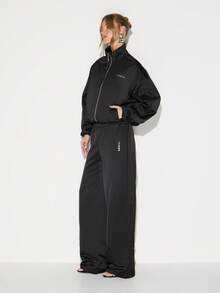 KIZN 女士缎面阔腿裤高腰松紧腰休闲宽松抽绳慢跑裤 - 黑色 - 查看 5