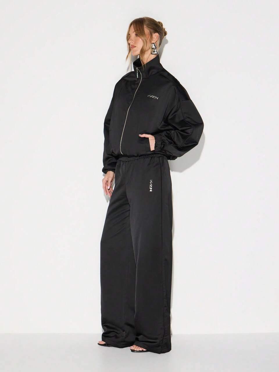 Pantalon large en satin pour femmes, taille haute, taille élastique, décontracté, ample, avec cordon de serrage