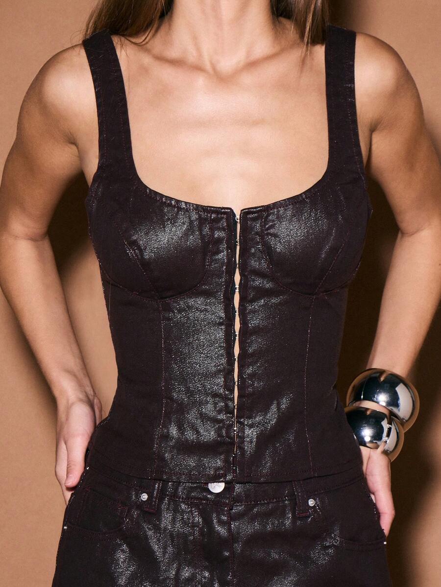 KIZN Coated Denim Bustier Top With Front Zip Closure Square Neckline Tank - Burgundy - View 1