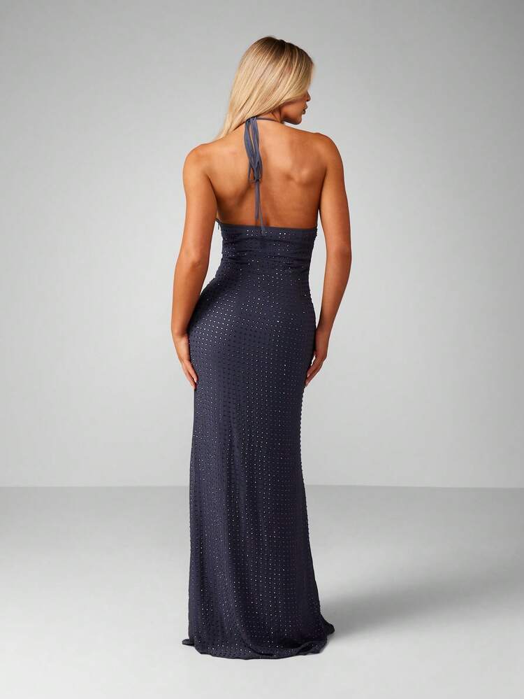 MISSGUIDED Sparkling Halter Neck Maxi Dress With Deep V Plunging Neckline Side Slit Evening Gown Floor Length Formal Dress