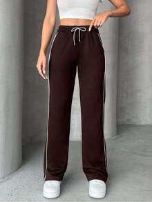 Drawstring Waist Slant Pocket Casual Flare Legs Sweatpants - Coffee Brown - View 6