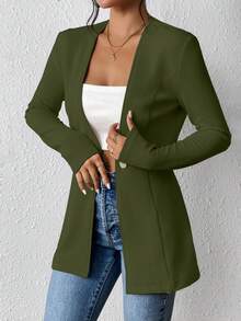 EMERY ROSE Women's Casual Textured Unlined Collarless Lightweight Long Sleeve Blazer - Army Green - View 6