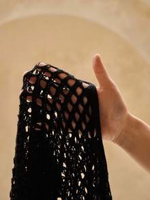 SHEIN Swim 鏤空流蘇下擺勾織沙灘纏腰式半身裙不附比基尼下裝 - 黑色 - 查看 7