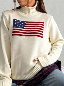 SHEIN Teen Girl American Flag Pattern Turtleneck Sweater Autumn Winter Clothes For Girl - Beige - View 1