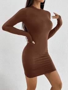 SHEIN PETITE Women Elegant Commuting Solid Bodycon Dress - Brown - View 3