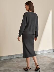 CLARA VERO Women Knitwear Co-Ord Set With Cardigan And Dress - Dark Grey - View 2