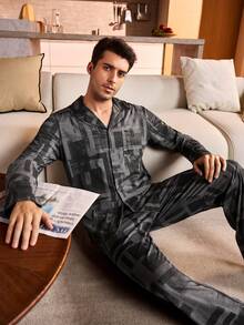 Provexi Provexi Plus Size Men's Button-Up Long Sleeve & Long Pants Pajama Set - Grey - View 1