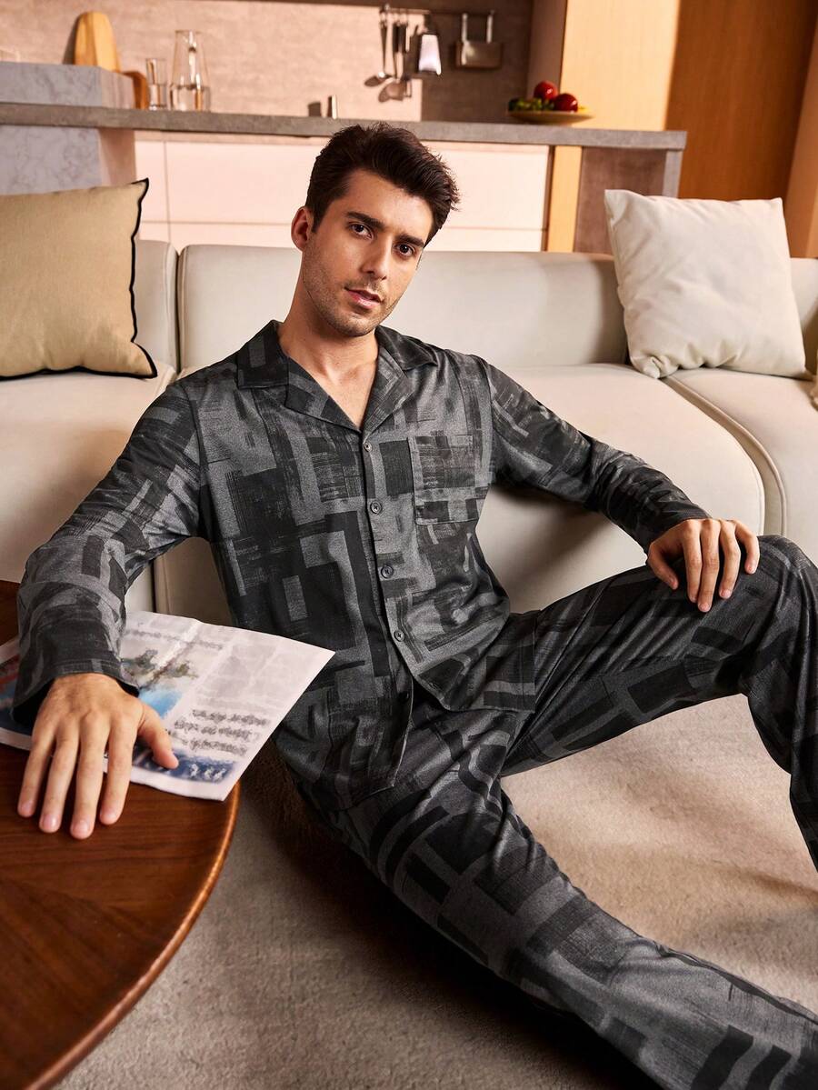 Provexi Provexi Plus Size Men's Button-Up Long Sleeve & Long Pants Pajama Set - Grey - View 1