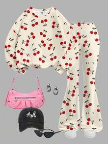 SHEIN Leap Crew Tween Girl 樱桃印花套头衫和喇叭裤套装，休闲日常通勤时尚，春秋季 - 彩色 - 查看 2
