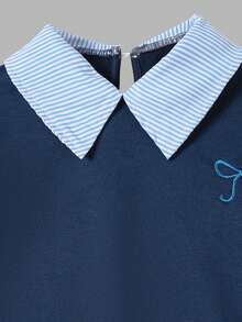 2 peças/Conjunto Moletom com Gola Polo e Saia Plissada para Meninas, Decoração de Bordado da Moda, Adequado para Uso Diário, Viagem, Volta às Aulas, Outono - Azul marinho - Visão 6