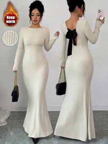 SHEIN Elenzya Women's Ribbed Knit Dress With Bow Back Detail, Elegant For Autumn/Winter - Apricot - View 1