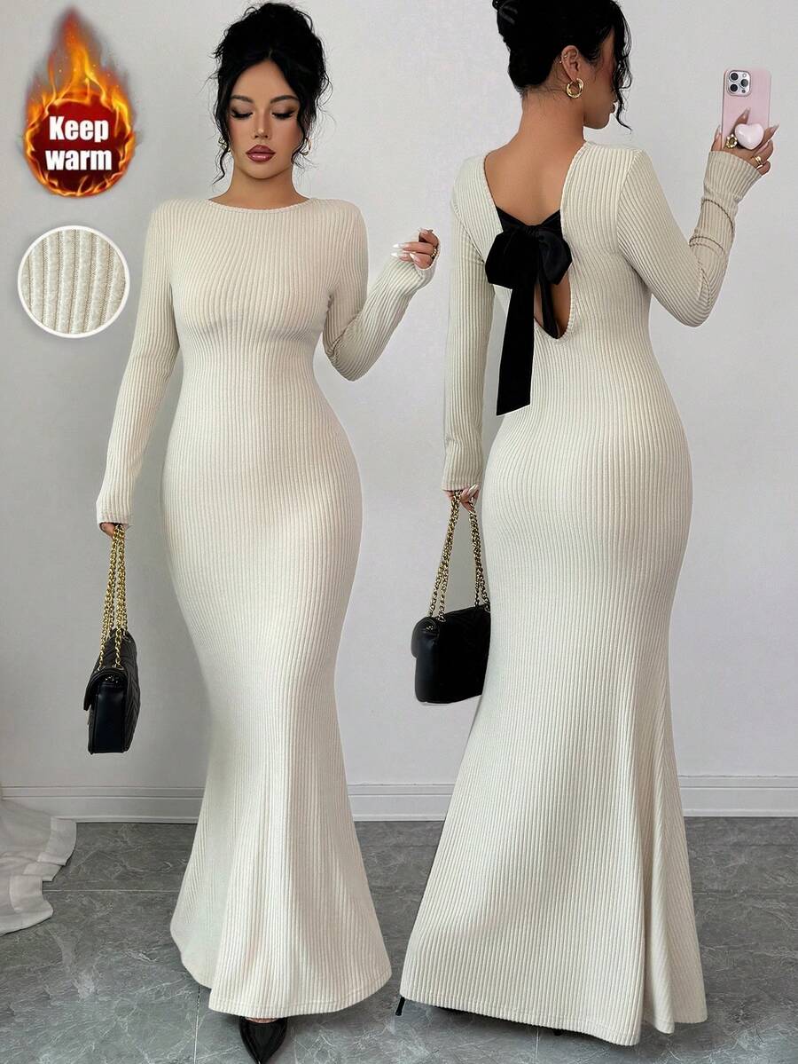 SHEIN Elenzya Women's Ribbed Knit Dress With Bow Back Detail, Elegant For Autumn/Winter - Apricot - View 1