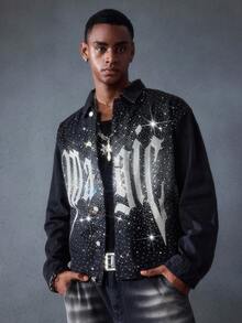 ROMWE MEN Street Life 男士水钻装饰印花长袖牛仔夹克 - 黑色 - 查看 5