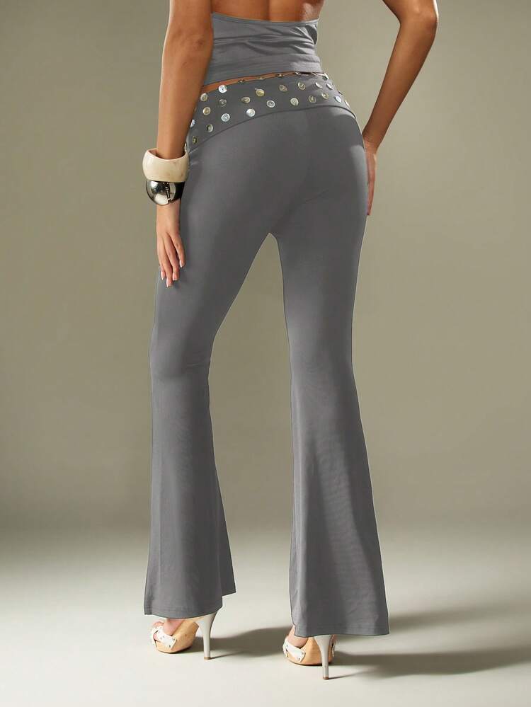 MISSGUIDED Studded Belt Detail Flare Pants With Foldover Waistband For Women