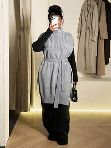 Maweii Damska szara, codzienna, swobodna, wysoka, bezrękawnikowa sukienka z paskiem w jednolitym kolorze, spersonalizowana, prosta, modna, pasująca do dwóch ubrań, projekt Sense Advanced, średniej długości, warstwowy krój, dzianinowy sweter w dużym rozmiarze, kamizelka, bez rękawów, elegancka, jednolita, rozcięta sukienka dzianinowa w kształcie litery A, wiosna, jesień, zima