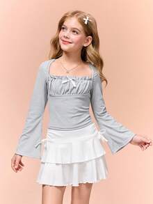 女童时尚蝴蝶结装饰方领褶皱拼接长袖T恤，舒适休闲风格，春秋季 - 灰色 - 查看 5