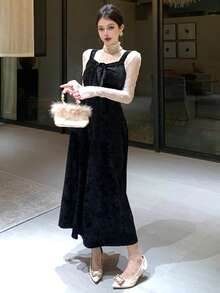 DAZY Fashionable Velvet Jacquard Bow Decor Mid-Length Dress For Women Elegant Women Dresses Prom Dress - Black - View 5