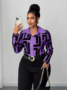 Maweii Plus Size Women Geometric Print Casual Shirt - Purple - View 3