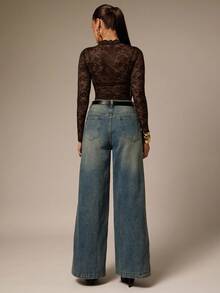 Silquee Women's Floral Lace Stand Collar Long Sleeve Sexy Bodysuit - Coffee Brown - View 2