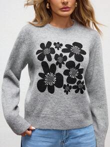 Shutterstock Glamance Women's Gray Knitted Long Sleeve Crew Neck Floral Graphic Casual Solid Color Blouse, Suitable For Outdoor, Office, Business, Commute, Travel, Airport, Street, Formal Occasions In Autumn/Winter Jumper For Woman Sweater For Women Pullover For Women Grey Sweater Floral Print Sweater Chic Stylish Clothing Collection Women Sweater Women Sweaters Cute Sweater - Grey - View 1