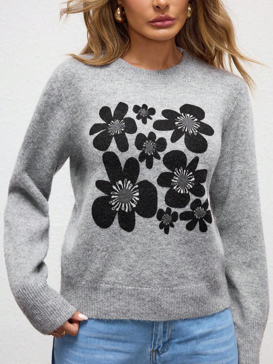 Shutterstock Glamance Women's Gray Knitted Long Sleeve Crew Neck Floral Graphic Casual Solid Color Blouse, Suitable For Outdoor, Office, Business, Commute, Travel, Airport, Street, Formal Occasions In Autumn/Winter Jumper For Woman Sweater For Women Pullover For Women Grey Sweater Floral Print Sweater Chic Stylish Clothing Collection Women Sweater Women Sweaters Cute Sweater - Grey - View 1